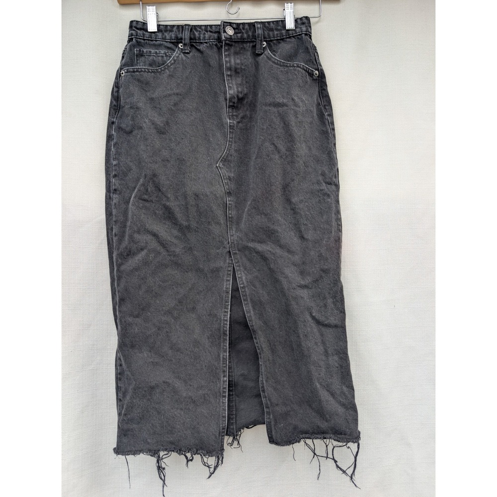 Industry Republic Clothing Black Denim Maxi Skirt Front Slit Raw Hem Size 2